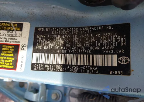2012 Toyota Camry Le from USA, damaged, VIN 4T1BF1FK9CU633546